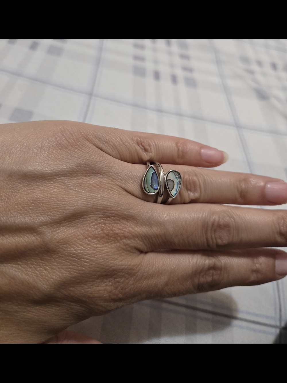 Sterling Silver Teardrop Abalone Adjustable Ring - Green Blue